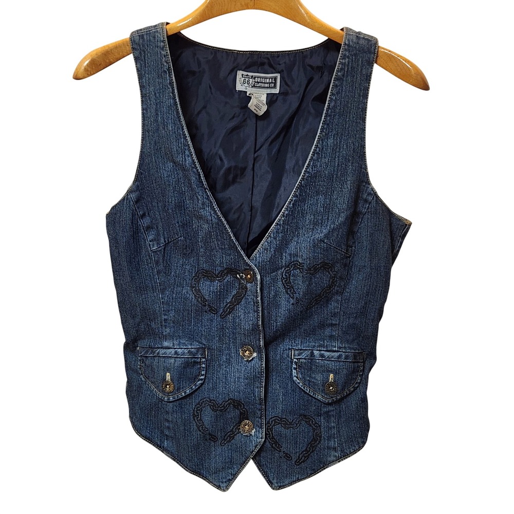 Route 66 Denim Vest Medium Wash Heart Embroidery Cinch Back Y2K Size Medium